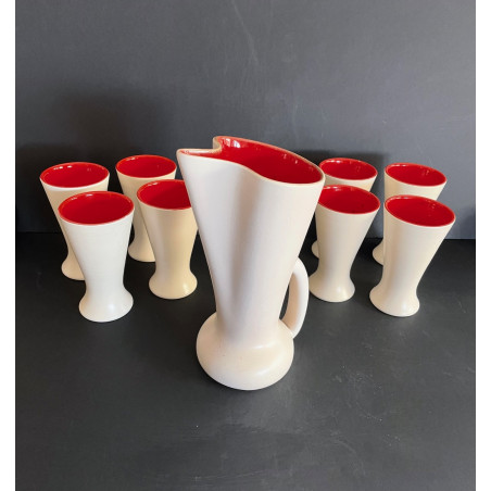 Pitcher and 8 mugs model 1041 in ceramic by Pol Chambost