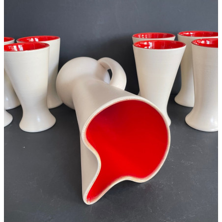 Pitcher and 8 mugs model 1041 in ceramic by Pol Chambost